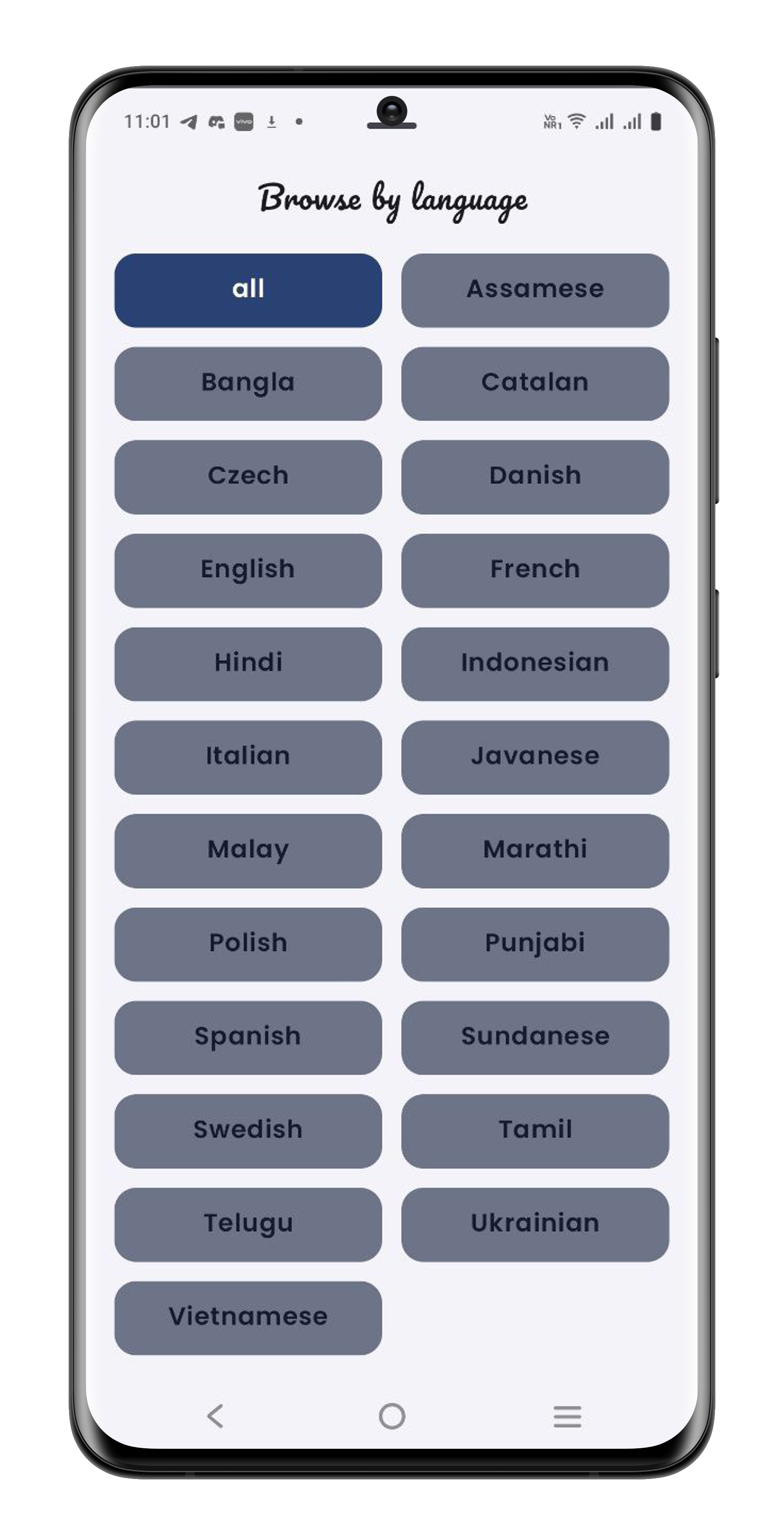 Filter screen where users filter for books in different languages.